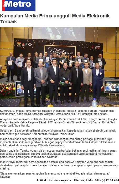 Harian Metro- Kumpulan Media Prima Ungguli Media Elektronik Terbaik