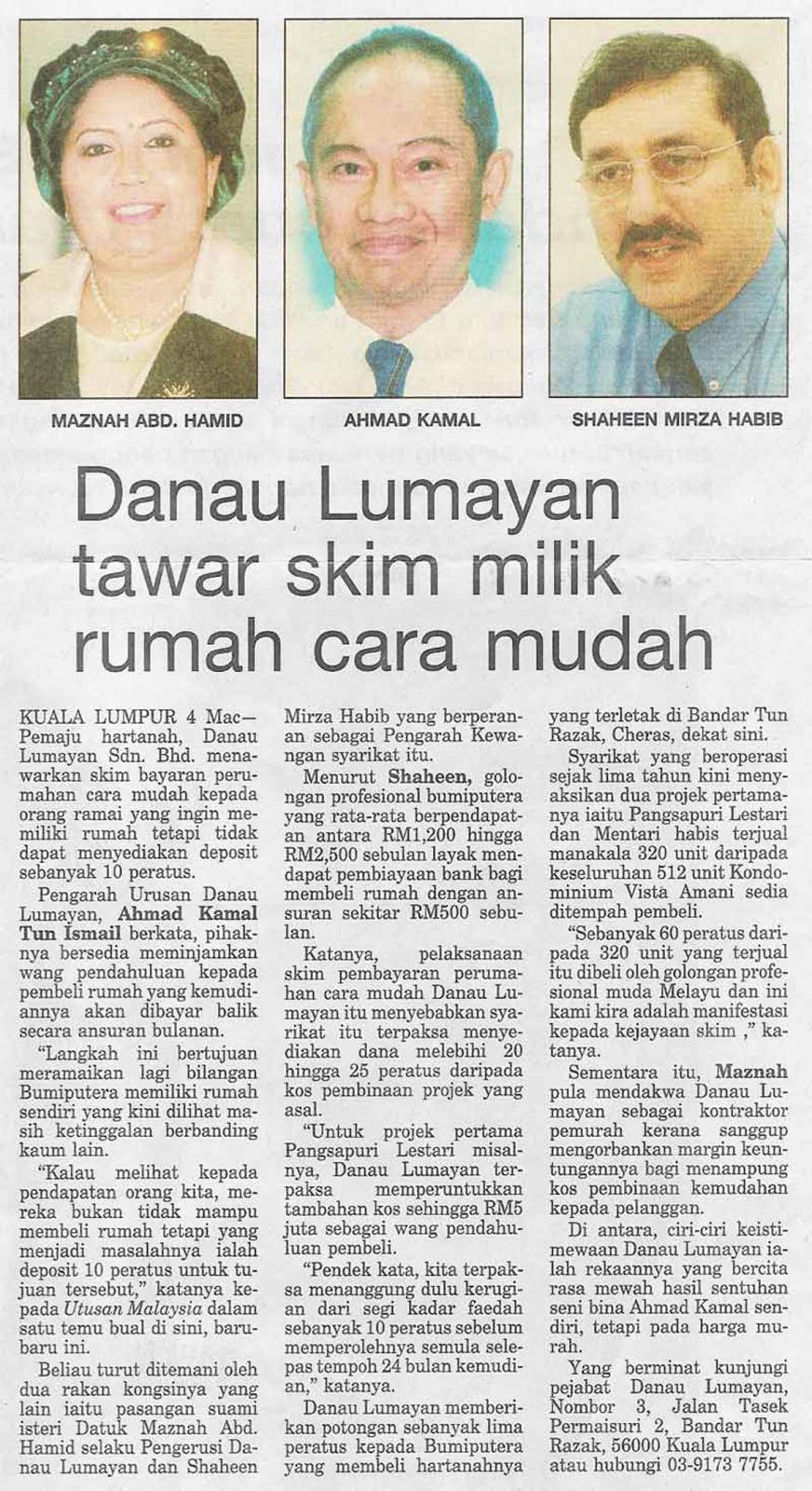 Utusan Malaysia "Danau Lumayan tawar skim milik rumah cara mudah"