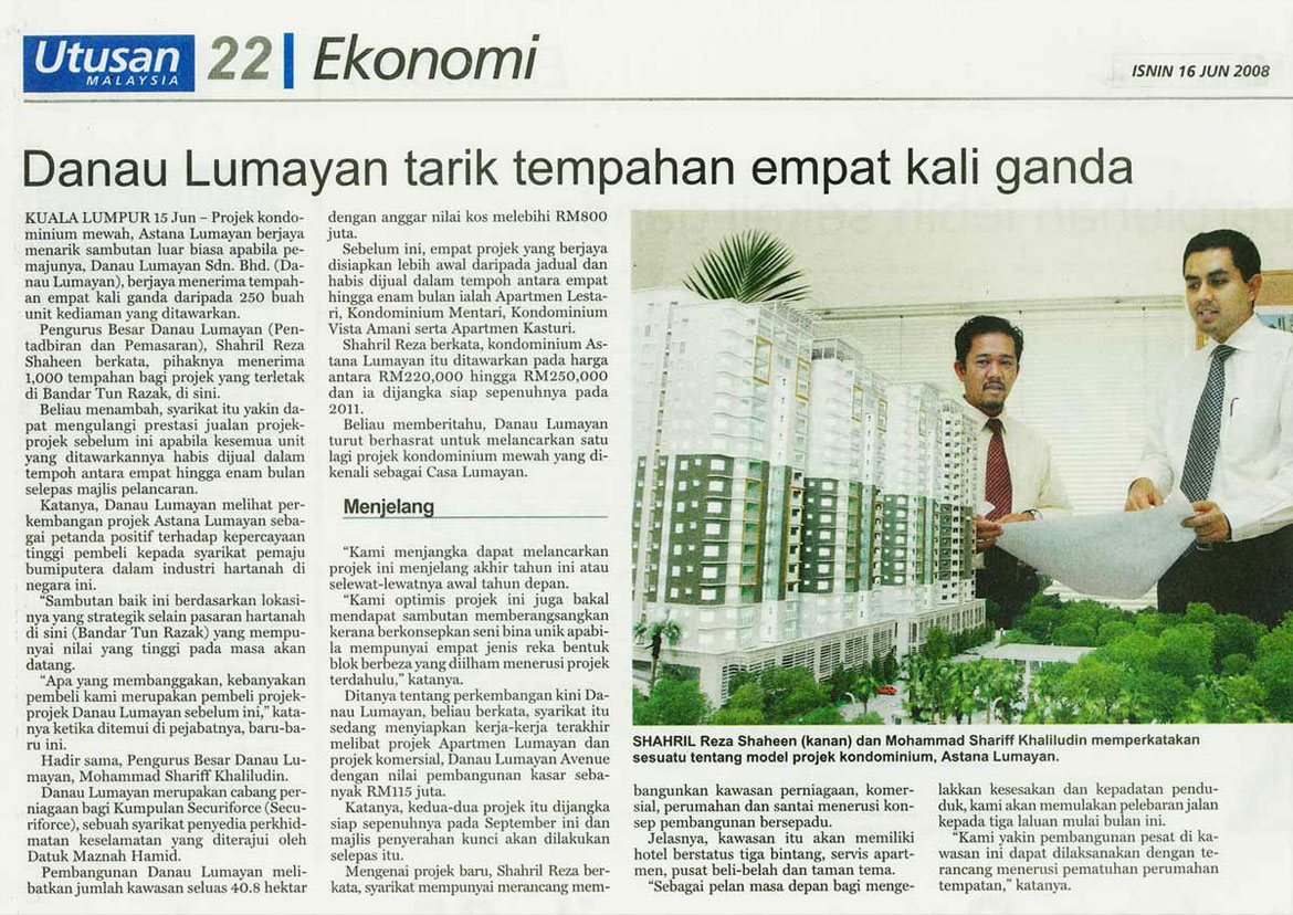 Utusan Malaysia - Ekonomi - "Danau Lumayan tarik tempahan empat kali ganda"